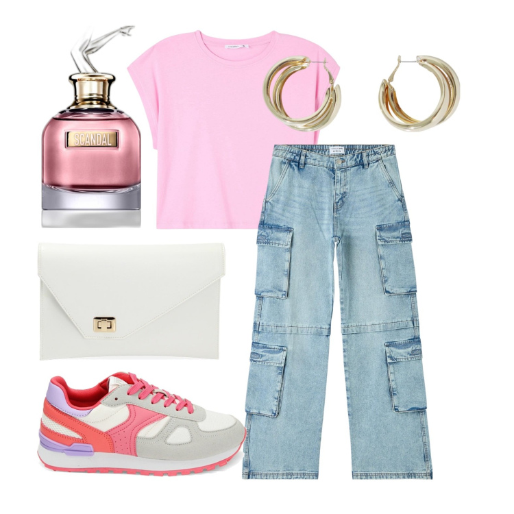 Outfit donna - In centro da sola. Stile Basic per Tutti i giorni. Abbinamento con profumi, t-shirt, jeans, sneakers, pochette, orecchini.