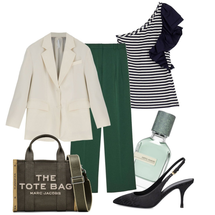 Outfit donna - Il monospalla non deve mancare. Stile Chic per Tutti i giorni. Abbinamento con profumi, top, blazer, borse tote, décolleté, pantaloni.
