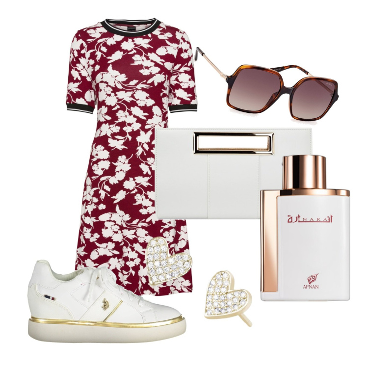 Outfit donna - Passeggiata in famiglia. Stile Trendy per Tutti i giorni. Abbinamento con vestiti sportivi, profumi, orecchini, pochette, scarpe sportive, occhiali da sole.