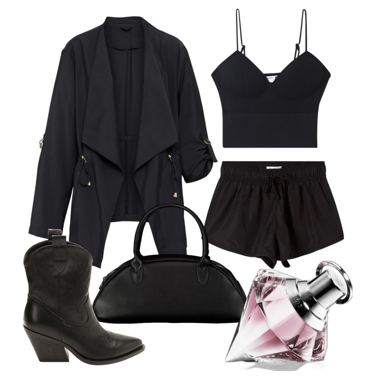 Outfit donna - Serata disco crazy. Stile Trendy per Serata fuori. Abbinamento con blazer, profumi, pantaloni corti, top, stivaletti, borse a spalla.
