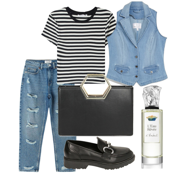 Outfit donna - Denim per uscire. Stile Casual chic per Tutti i giorni. Abbinamento con gilet, profumi, jeans mom, t-shirt, mocassini, borse a mano.