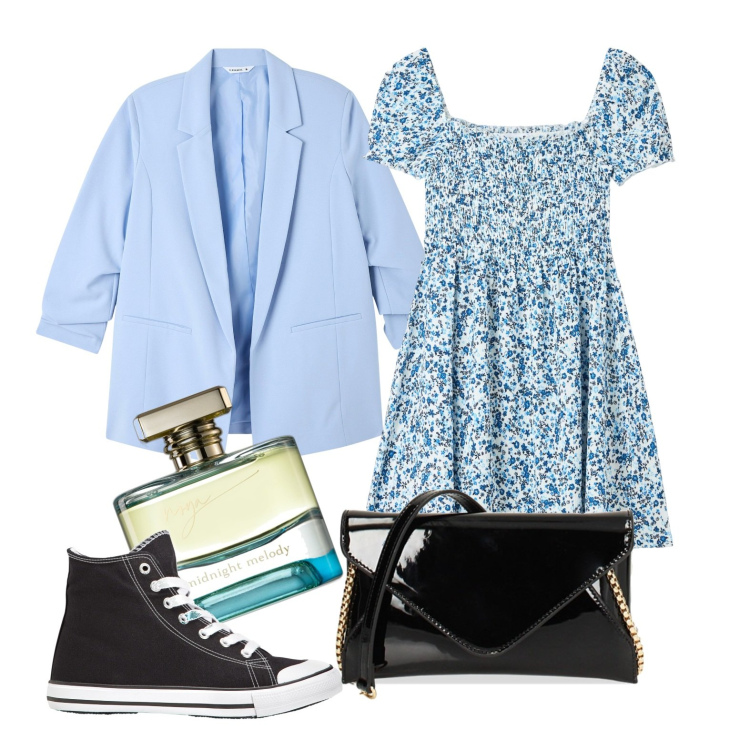 Outfit donna - Fiorellino da città. Stile Casual chic per Tutti i giorni. Abbinamento con sneakers alte, profumi, vestiti corti, blazer, pochette.
