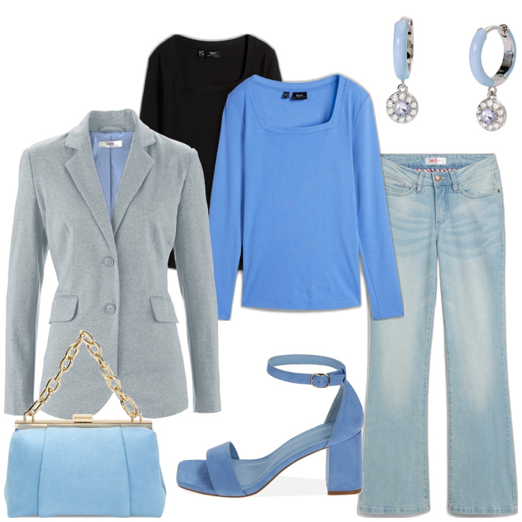 Outfit donna - Curvy. Stile Casual chic per Serata fuori. Abbinamento con jeans bootcut, maglieria, blazer, orecchini, sandali col tacco, borse a spalla.