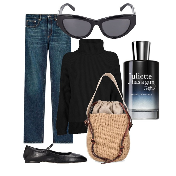 Outfit donna - Black spring. Stile Casual chic per Tutti i giorni. Abbinamento con profumi, borse a mano, jeans dritti, maglieria, ballerine, occhiali da sole.