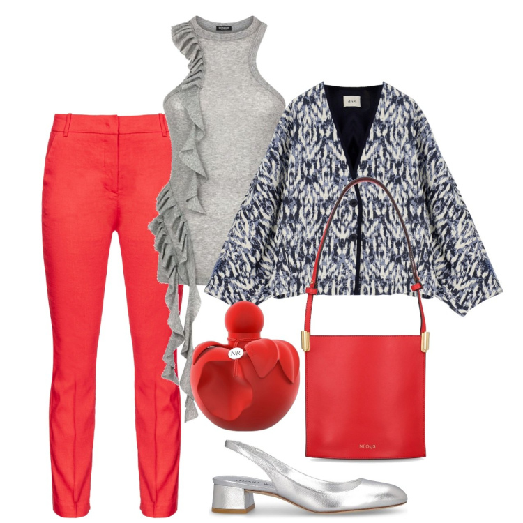 Outfit donna - Carattere deciso. Stile Chic per Serata fuori. Abbinamento con profumi, pantaloni, blazer, top, décolleté, borse a spalla.
