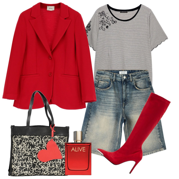 Outfit donna - Viva. Stile Urban per Tutti i giorni. Abbinamento con stivali, profumi, bermuda, blazer, t-shirt, borse a spalla.