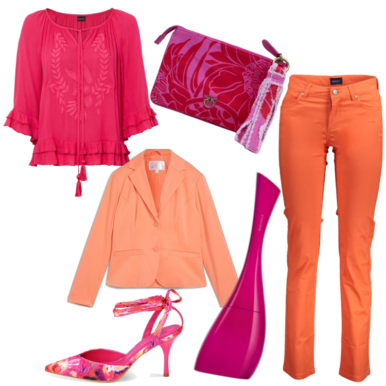 Outfit donna - Trendy. Stile Trendy per Tutti i giorni. Abbinamento con tuniche, blazer, profumi, décolleté, pantaloni, pochette.