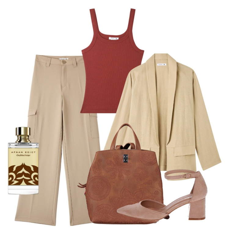 Outfit donna - Il profumo in tasca. Stile Bon Ton per Ufficio. Abbinamento con pantaloni cargo, canottiere, blazer, profumi, décolleté, zaini.