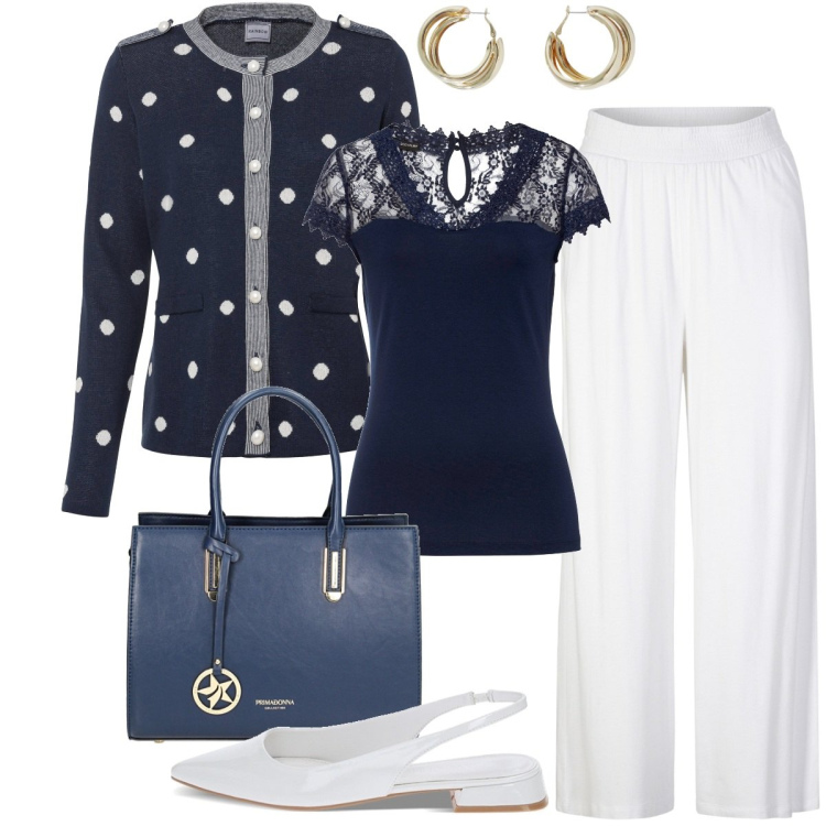 Outfit donna - Passeggiata ed aria fresca al mattino. Stile Casual per Ufficio. Abbinamento con pantaloni, maglieria, cardigans, orecchini, ballerine, borse a mano.