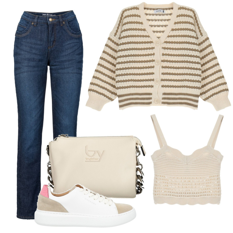 Outfit donna - Total look #1850977. Stile Boho per Tutti i giorni. Abbinamento con jeans dritti, sneakers, cardigans, top, borse a spalla.