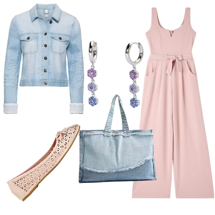 Outfit donna - Tuta rosa. Stile Basic per Tutti i giorni. Abbinamento con ballerine, blazer, tute, shopping bag, orecchini.