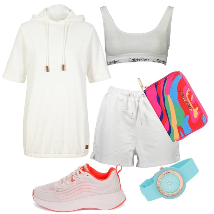 Outfit donna - Felpina ideale per le camminate. Stile Basic per Sport. Abbinamento con orologi, felpe con cappuccio, sneakers, portafogli, pantaloni, reggiseni a balconcino.