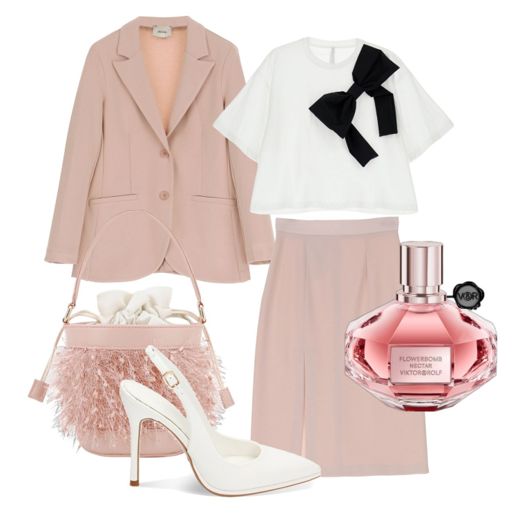 Outfit donna - Il fiocco romantico. Stile Romantica per Cerimonia. Abbinamento con profumi, t-shirt, gonne longuette, décolleté, blazer, borse a secchiello.