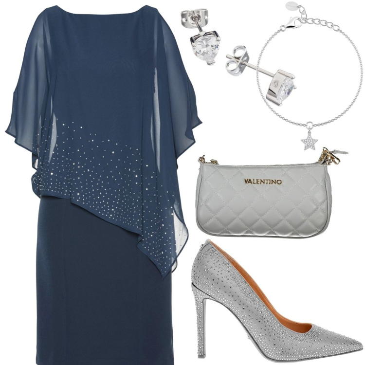 Outfit donna - Grazioso abito a strati con strass. Stile Chic per Serata fuori. Abbinamento con vestiti a tubino, orecchini, braccialetti con ciondoli, borse a spalla, décolleté.