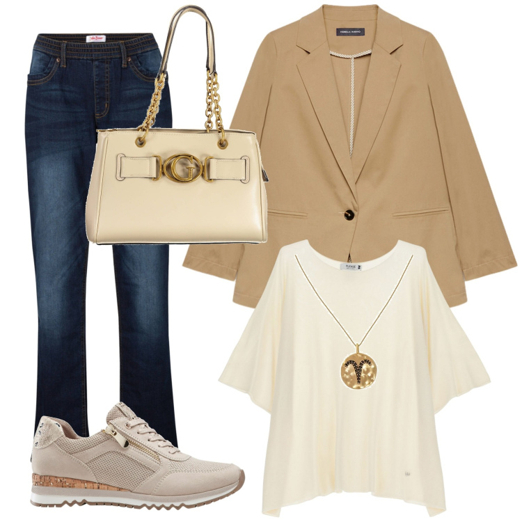 Outfit donna - Total look #1850996. Stile Boho per Tutti i giorni. Abbinamento con sneakers, jeans dritti, ciondoli, maglieria, blazer, borse a spalla.