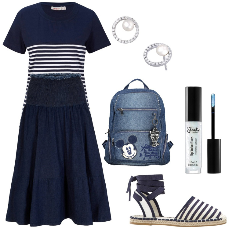 Outfit donna - Disinvolta e pratica. Stile Casual per Tutti i giorni. Abbinamento con t-shirt, gonne, espadrillas, gloss, orecchini, zaini.