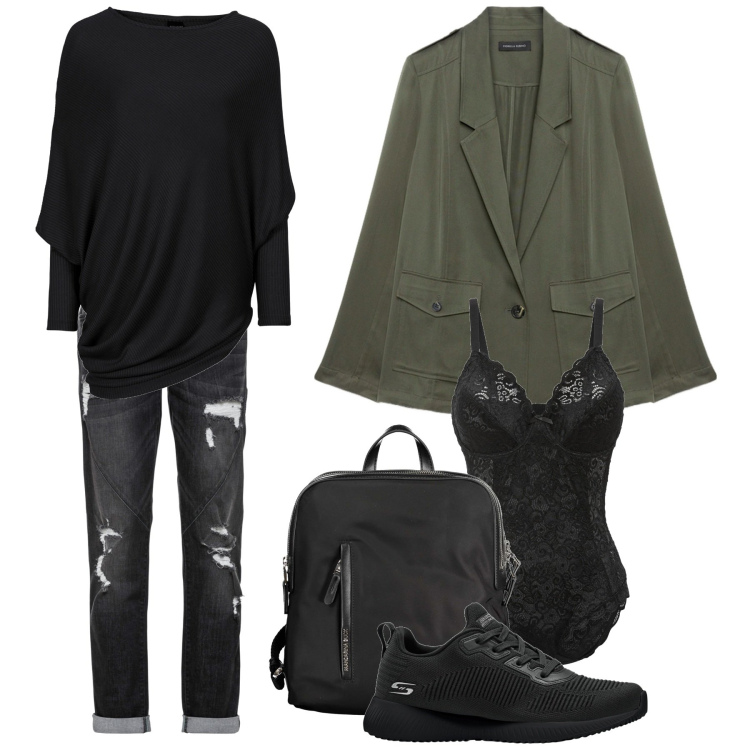 Outfit donna - Total look #1851006. Stile Urban per Tutti i giorni. Abbinamento con maglieria, body, sneakers, jeans boyfriend, zaini, blazer.