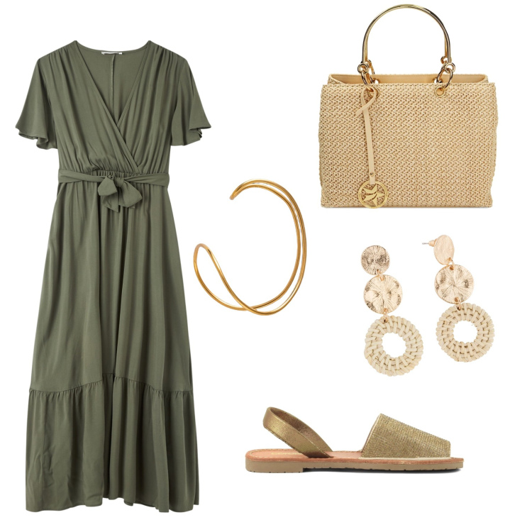 Outfit donna - Total look #1851009. Stile Trendy per Serata fuori. Abbinamento con orecchini, vestiti lunghi, borse a mano, sandali in pelle, braccialetti.