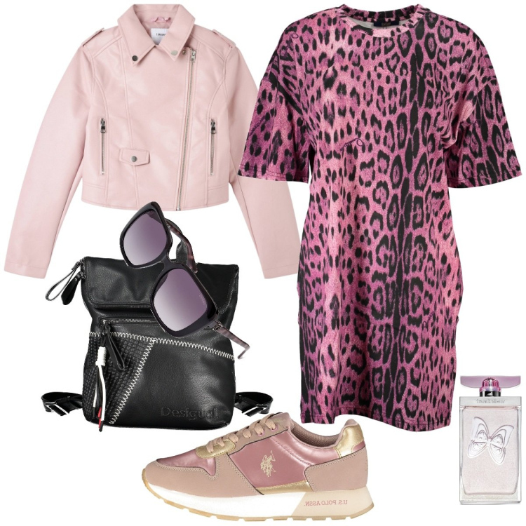 Outfit donna - Urban/sport. Stile Urban per Tutti i giorni. Abbinamento con profumi, giacche, scarpe sportive, vestiti corti, zaini, occhiali da sole.