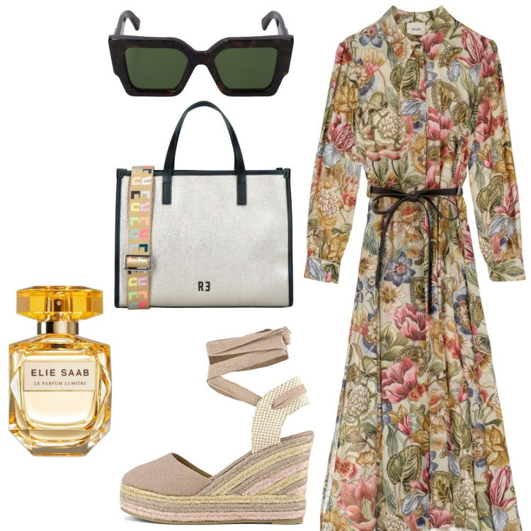 Outfit donna - Las flores de mi jardin. Stile Trendy per Tutti i giorni. Abbinamento con profumi, vestiti midi/longuette, espadrillas, borse a mano, occhiali da sole.