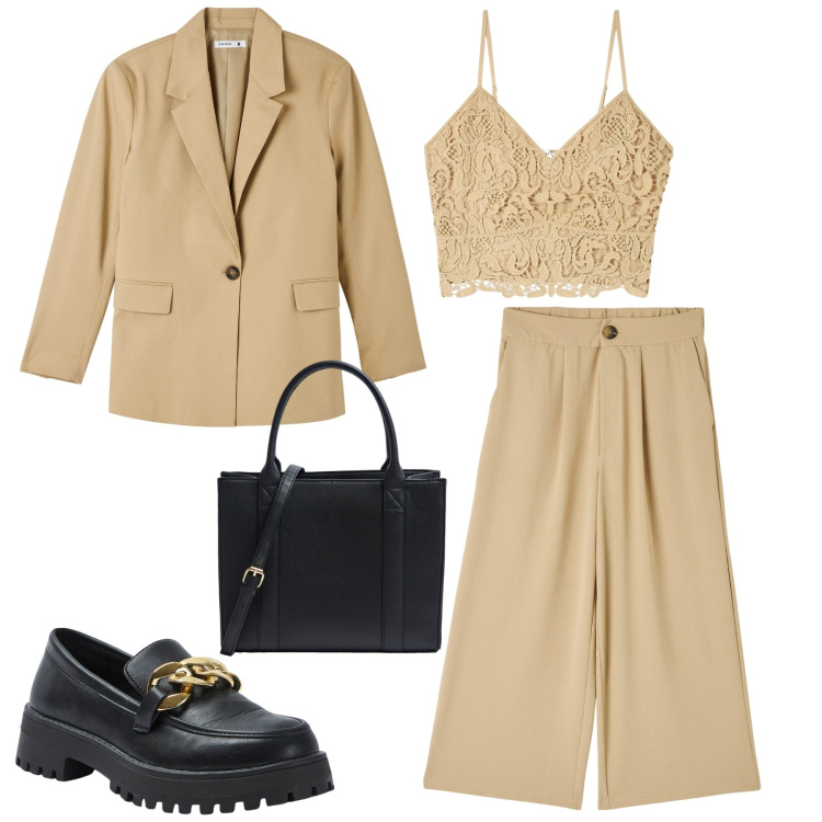 Outfit donna - Terranova. Stile Glamour per Tutti i giorni. Abbinamento con pantaloni a palazzo, blazer, top, mocassini, shopping bag.