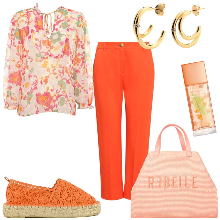 Outfit donna - Una giornata in arancione. Stile Casual chic per Tutti i giorni. Abbinamento con orecchini, profumi, bluse, pantaloni, espadrillas, shopping bag.