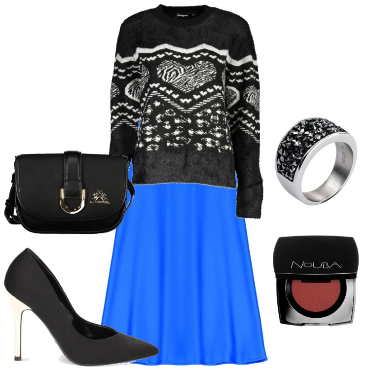Outfit donna - The urban woman. Stile Urban per Tutti i giorni. Abbinamento con anelli, blush, gonne longuette, décolleté, maglieria, borse a tracolla.