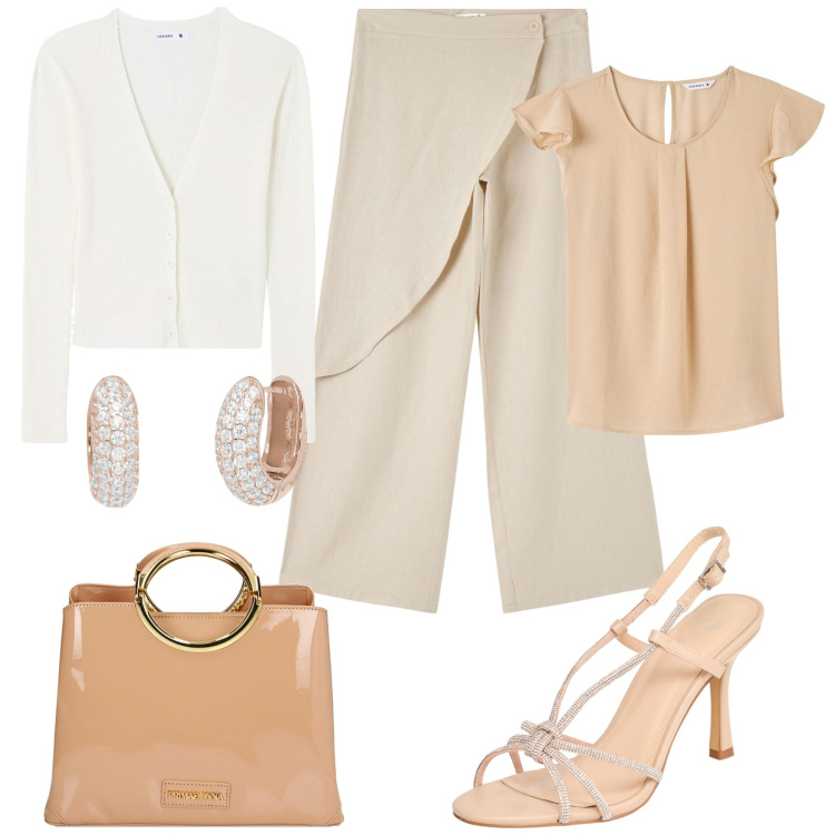 Outfit donna - Cerimonia. Stile Glamour per Cerimonia. Abbinamento con bluse, pantaloni, cardigans, sandali col tacco, orecchini, borse a mano.