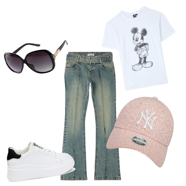 Outfit donna - Comodi. Stile Casual per Tutti i giorni. Abbinamento con occhiali da sole, jeans a zampa, t-shirt, sneakers, cappelli con visiera.
