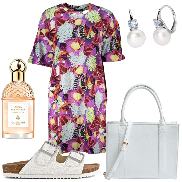 Outfit donna - I fiori per il pranzo. Stile Casual chic per Tutti i giorni. Abbinamento con profumi, orecchini, shopping bag, vestiti corti, sandali.