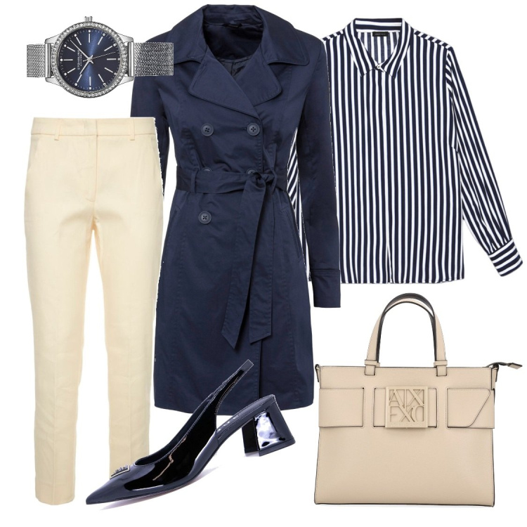 Outfit donna - Al mattino, di primavera. Stile Bon Ton per Ufficio. Abbinamento con trench, orologi, pantaloni, décolleté, borse tote, camicie.