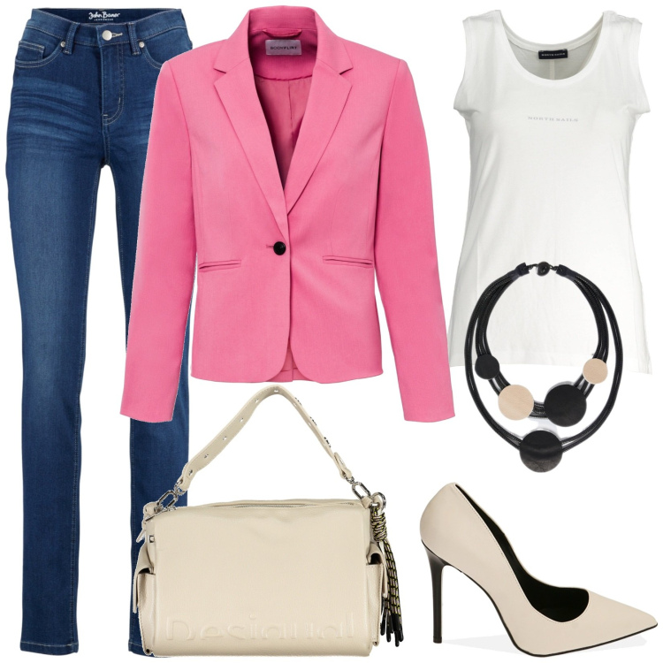 Outfit donna - Giacca rosa. Stile Casual chic per Tutti i giorni. Abbinamento con jeans slim fit, blazer, décolleté, canottiere, collane, borse a spalla.