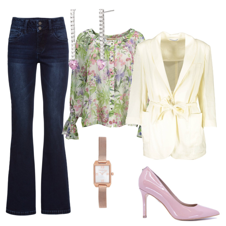 Outfit donna - Elegante con il jeans. Stile Casual chic per Serata fuori. Abbinamento con jeans bootcut, orologi, orecchini, camicie, blazer, décolleté.