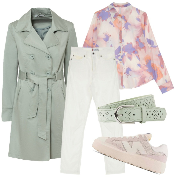Outfit donna - Trench pastello. Stile Casual chic per Tutti i giorni. Abbinamento con trench, cinture, jeans, camicie, sneakers.