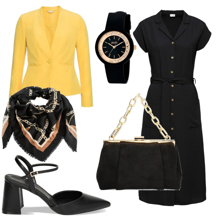 Outfit donna - Total look #1851116. Stile Glamour per Ufficio. Abbinamento con vestiti, blazer, foulard, orologi, borse a spalla, décolleté.