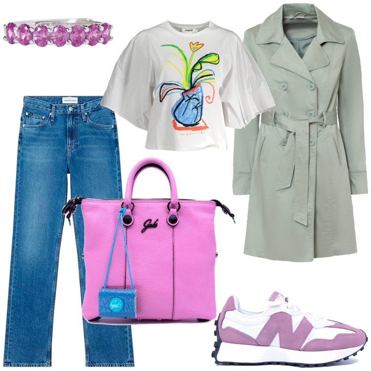 Outfit donna - Primavera. Stile Casual chic per Tutti i giorni. Abbinamento con trench, anelli, sneakers, t-shirt, shopping bag, jeans dritti.