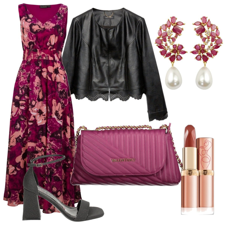 Outfit donna - Vestito in chiffon, donna curvy. Stile Bon Ton per Serata fuori. Abbinamento con vestiti lunghi, orecchini, rossetti, sandali col tacco, blazer, borse a tracolla.
