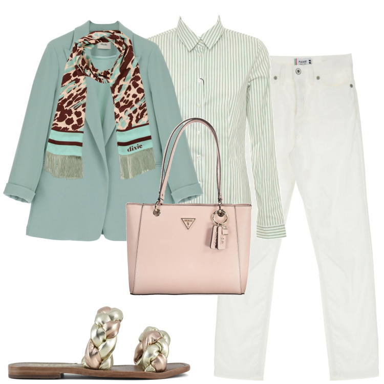 Outfit donna - City. Stile Casual chic per Tutti i giorni. Abbinamento con jeans, blazer, sciarpe, ciabatte, camicie, borse a spalla.