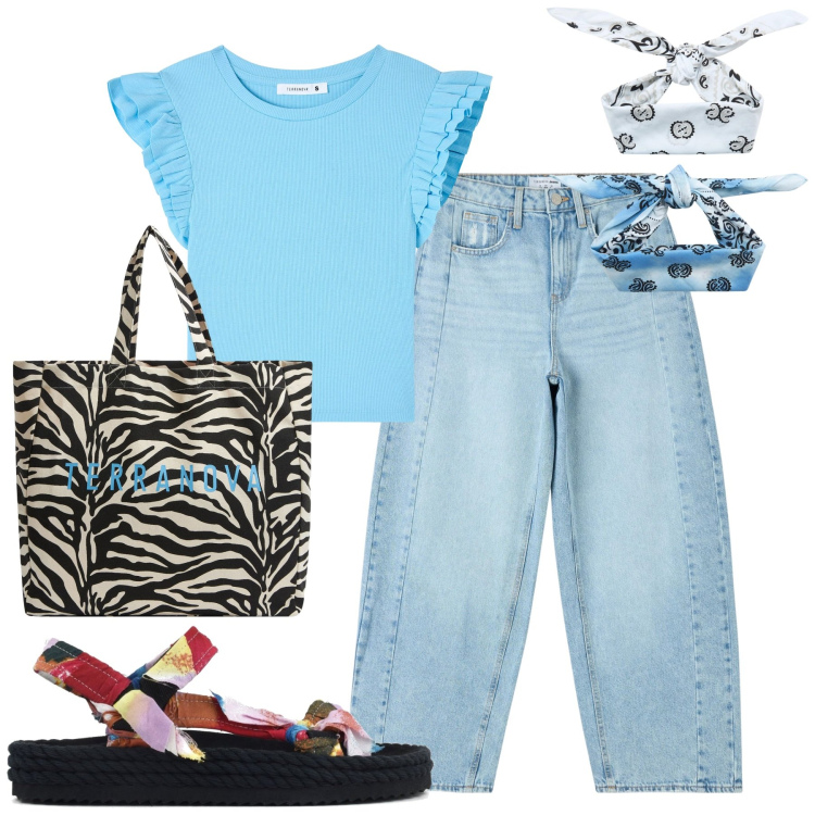 Outfit donna - Total look #1851166. Stile Casual per Tutti i giorni. Abbinamento con jeans, t-shirt, borse tote, fasce per capelli, sandali.