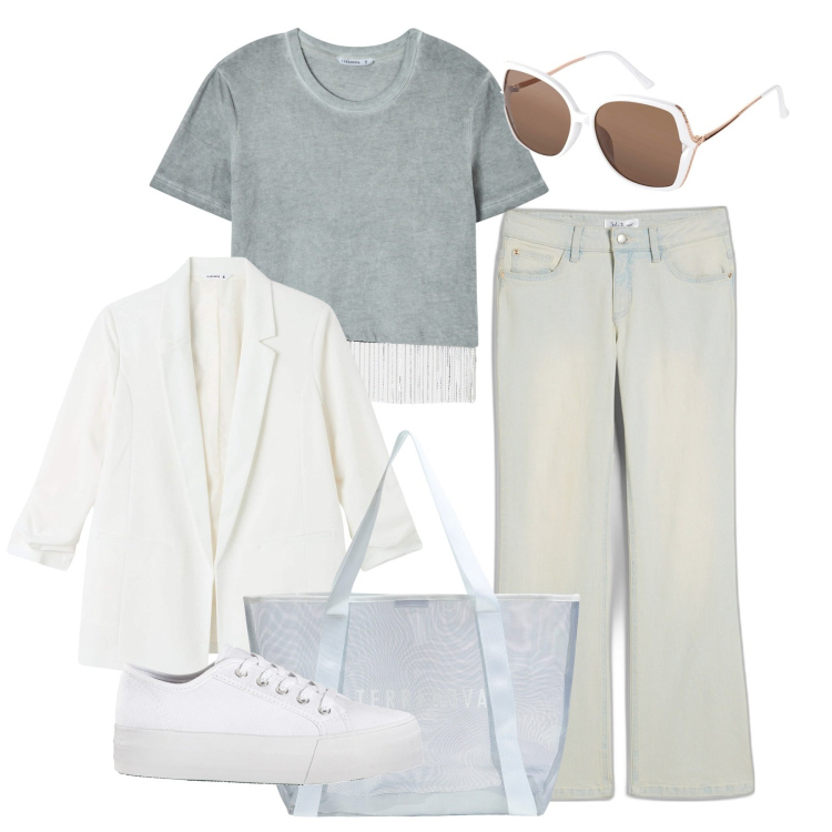 Outfit donna - Polvere. Stile Basic per Tutti i giorni. Abbinamento con sneakers, jeans, occhiali da sole, t-shirt, shopping bag, blazer.