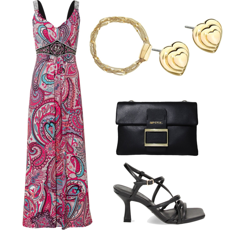 Outfit donna - Total look #1851181. Stile Casual chic per Serata fuori. Abbinamento con vestiti lunghi, braccialetti, orecchini, pochette, sandali col tacco.