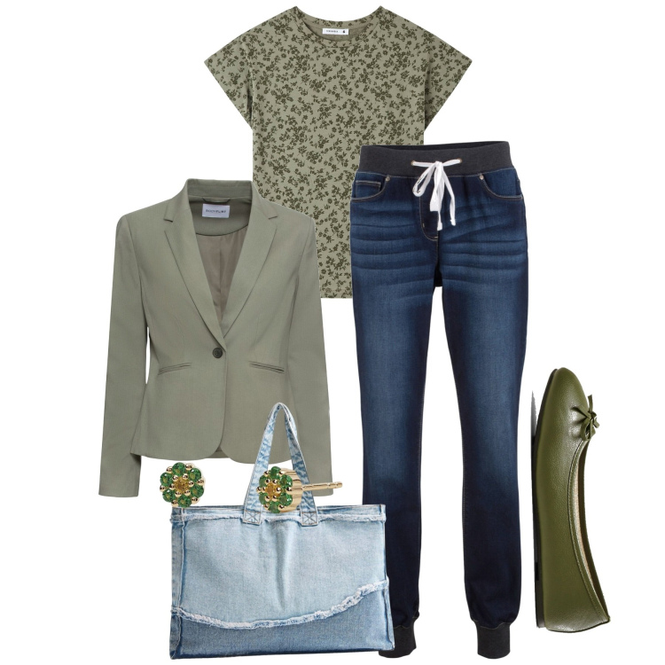 Outfit donna - Ballerine verdi. Stile Bon Ton per Tutti i giorni. Abbinamento con jeans boyfriend, blazer, ballerine, t-shirt, shopping bag, orecchini.