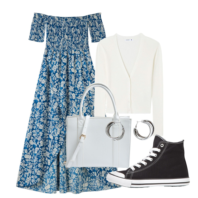 Outfit donna - Romantica in sneakers. Stile Romantica per Tutti i giorni. Abbinamento con sneakers alte, vestiti lunghi, cardigans, shopping bag, orecchini.