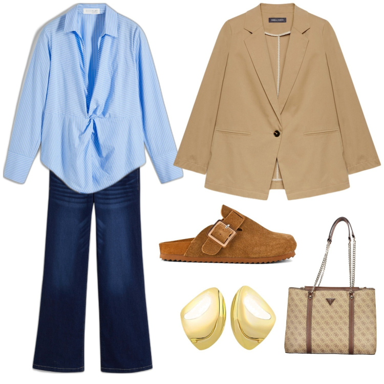 Outfit donna - Passeggiata..... Stile Casual per Tutti i giorni. Abbinamento con bluse, jeans a zampa, orecchini, sabot, blazer, pochette.