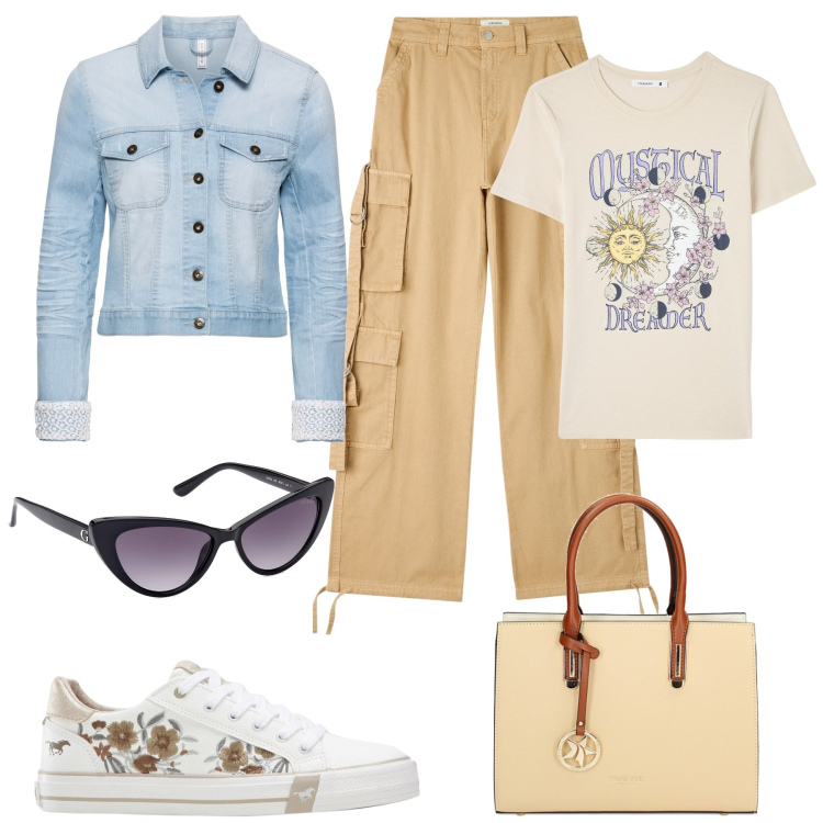 Outfit donna - Per tutti i giorni. Stile Casual chic per Tutti i giorni. Abbinamento con blazer, sneakers, pantaloni cargo, t-shirt, borse a mano, occhiali da sole.