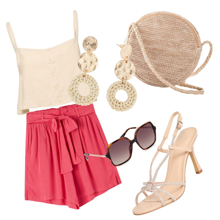 Outfit donna - Estate. per Serata fuori. Abbinamento con orecchini, borse a tracolla, shorts, sandali col tacco, top, occhiali da sole.