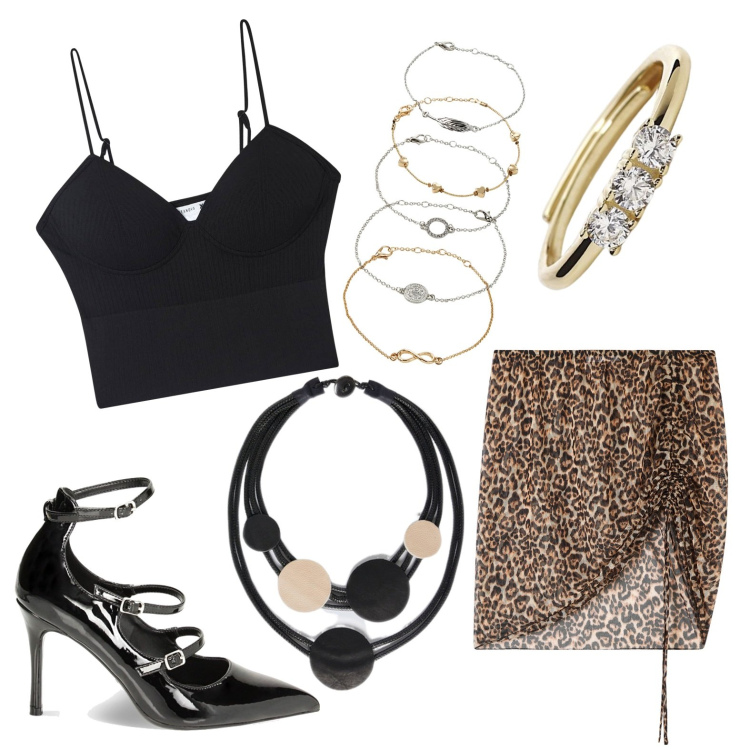 Outfit donna - Estate. Stile Sexy per Serata fuori. Abbinamento con braccialetti con ciondoli, top, minigonne, anelli, décolleté, collane.