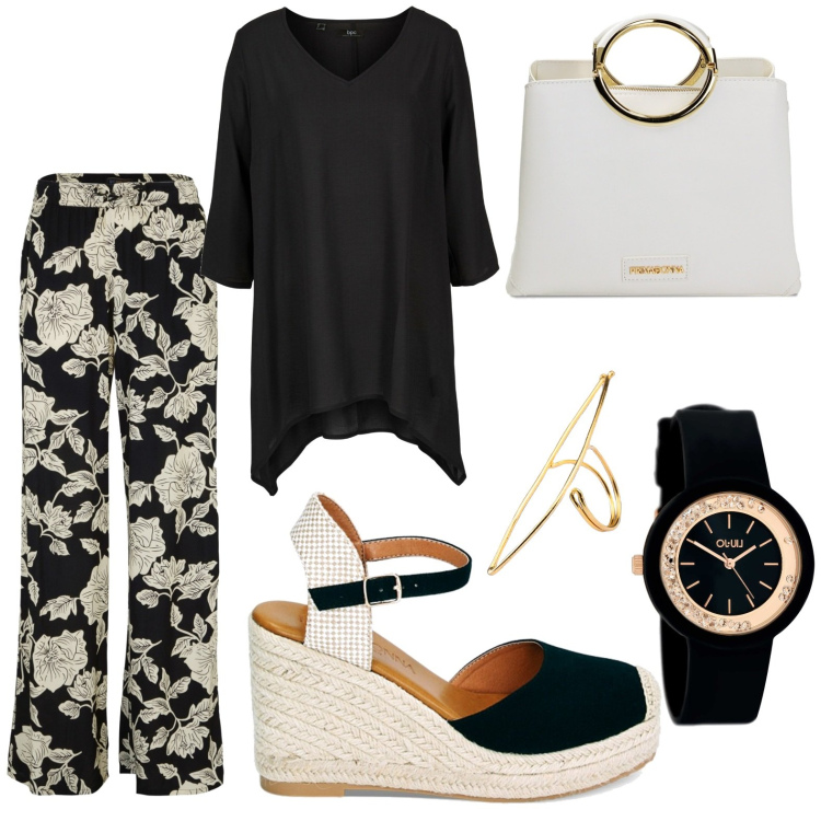 Outfit donna - Estate. Stile Casual per Tutti i giorni. Abbinamento con pantaloni a palazzo, tuniche, orologi, zeppe, borse a mano, anelli.