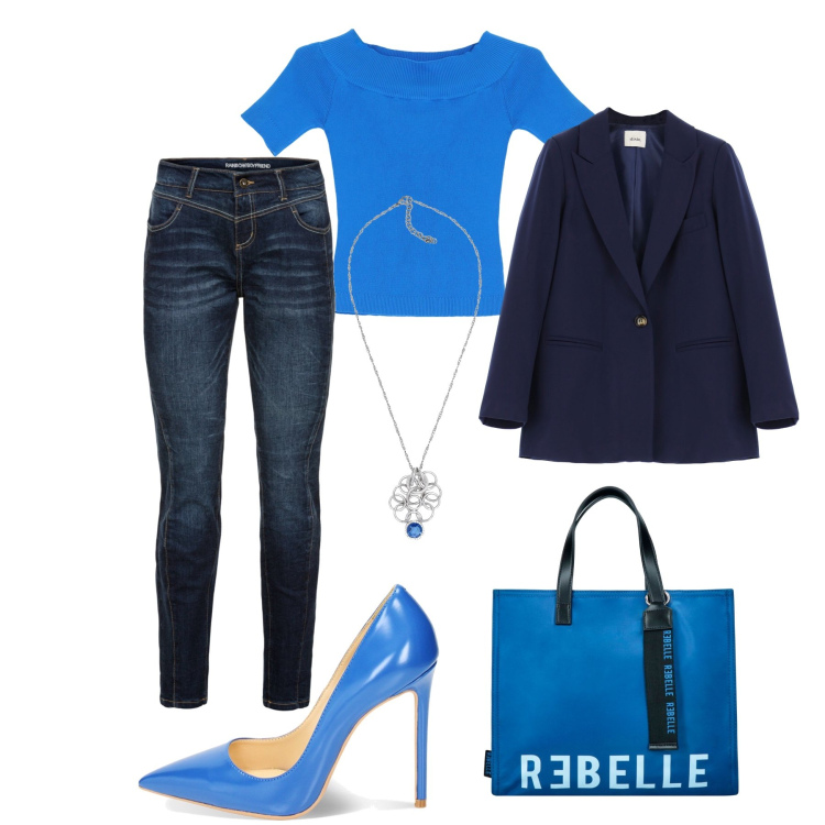 Outfit donna - Semplice, ma con i tacchi !. Stile Basic per Tutti i giorni. Abbinamento con jeans boyfriend, collane, maglieria, décolleté, blazer, shopping bag.