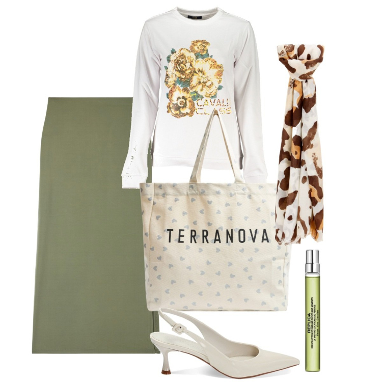 Outfit donna - La longuette verde salvia. Stile Casual chic per Tutti i giorni. Abbinamento con profumi, gonne lunghe, shopping bag, foulard, décolleté, felpe.